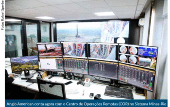 Centro de Operações Remotas da Anglo American no Sistema Minas-Rio, com teleoperação e monitoramento remoto de equipamentos de mineração para maior segurança e automação.
