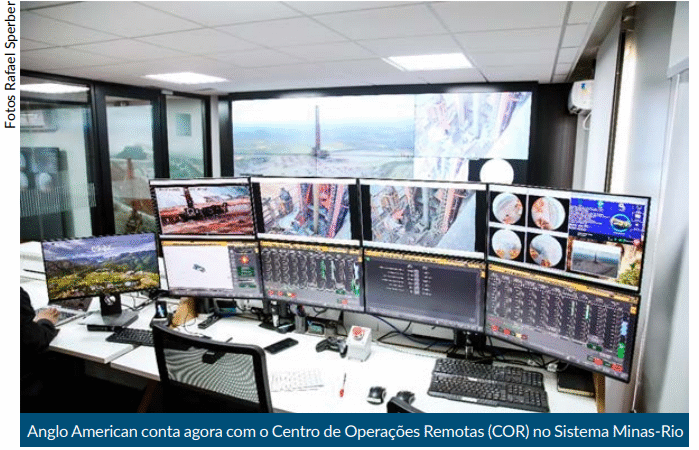 Centro de Operações Remotas da Anglo American no Sistema Minas-Rio, com teleoperação e monitoramento remoto de equipamentos de mineração para maior segurança e automação.